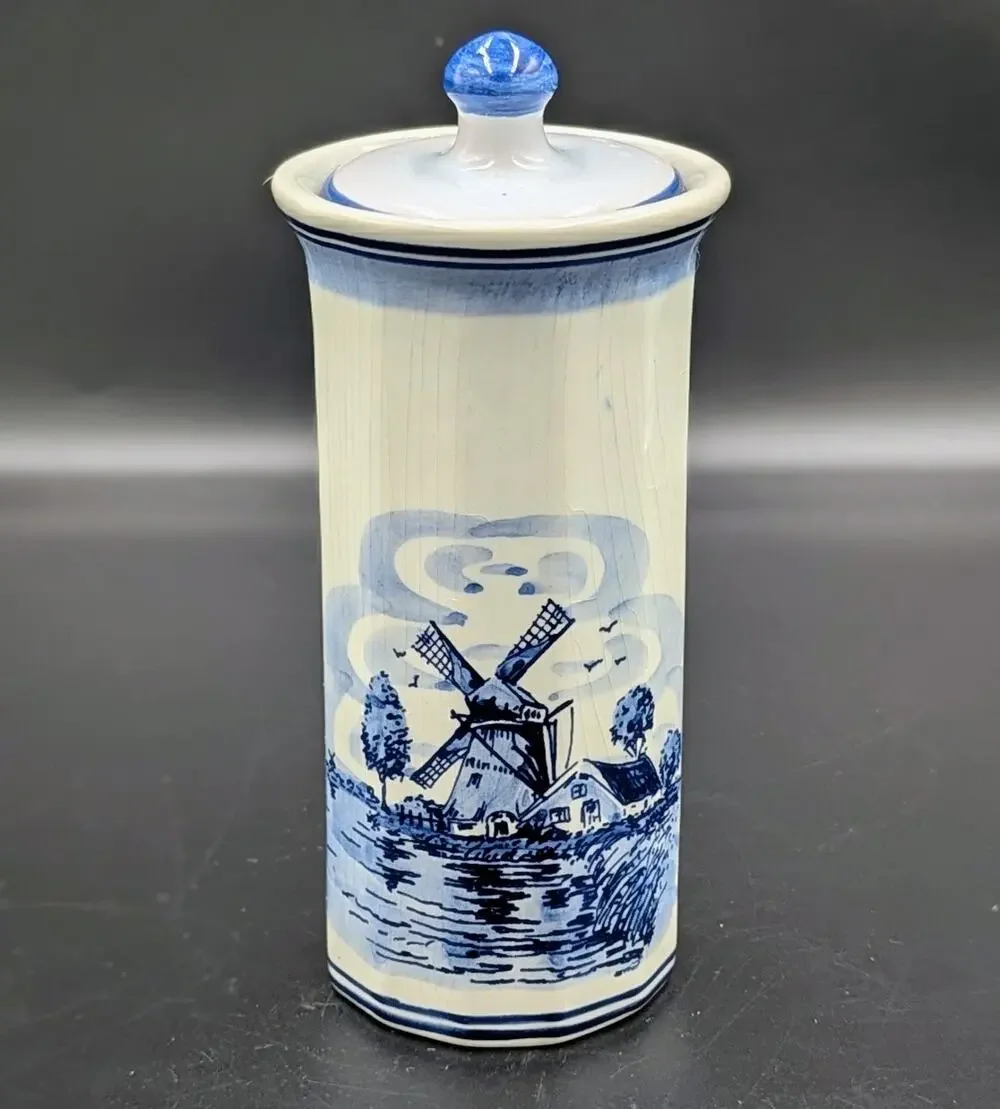 Vintage Hand Painted Delft Holland Blue White Windmill Ceramic Canister Jar